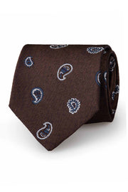 Brown, white & blue paisley pattern jacquard silk hand made tie