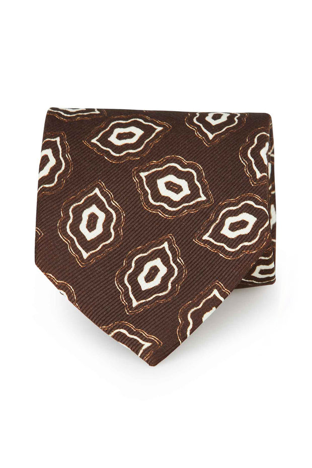 TOKYO - cravatta stampata marrone in seta con pattern vintage