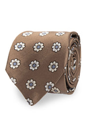 Light Brown, White & Light Blue Floral Jacquard Silk hand made Tie