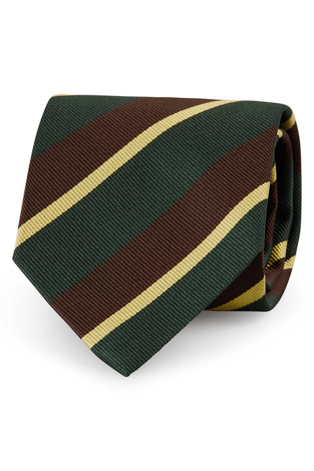 Cravatta in pura seta a righe asimmetriche marroni, gialle e verdi - Fumagalli 1891