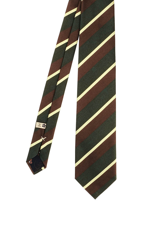 Cravatta in pura seta a righe asimmetriche marroni, gialle e verdi - Fumagalli 1891
