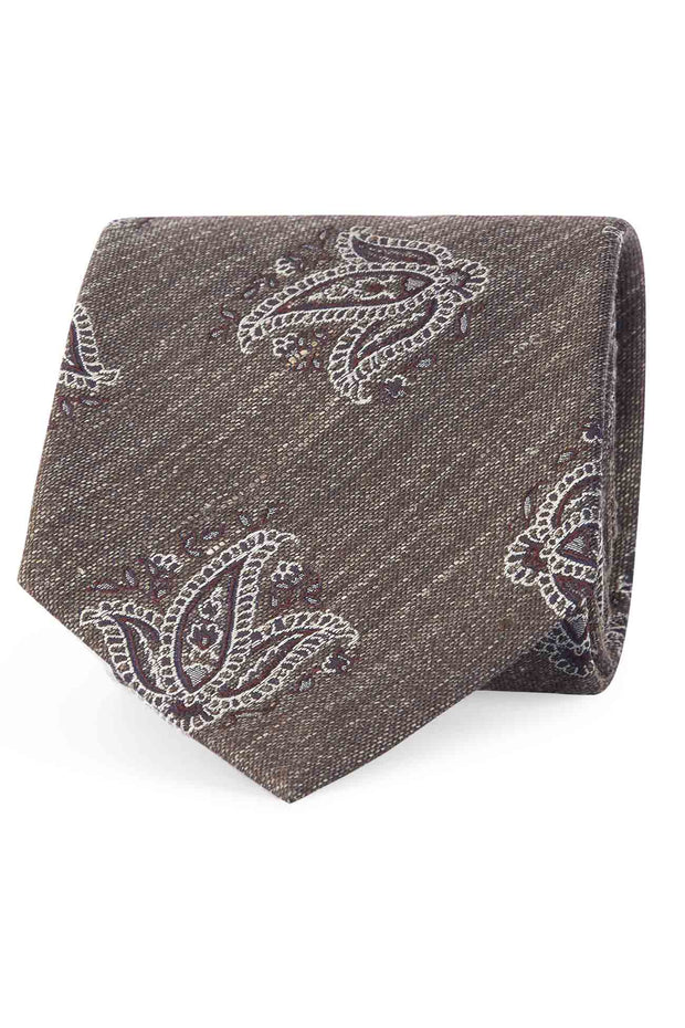 Brown macro paisley jacquard 144 silk and linen tie