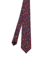 Handmade burgundy silk tie with blue printed paisley