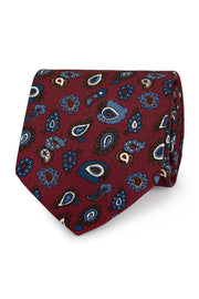 Handmade burgundy silk tie with blue printed paisley