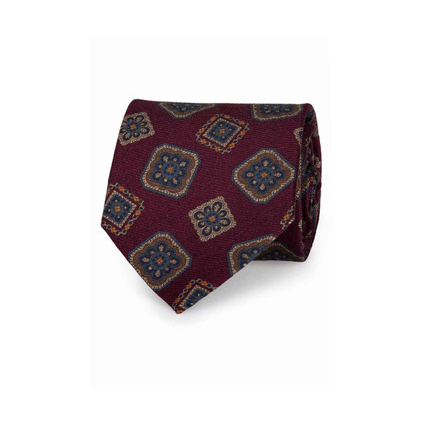 Set cravatta stampata burgundy e fazzoletto giallo- Fumagalli 1891
