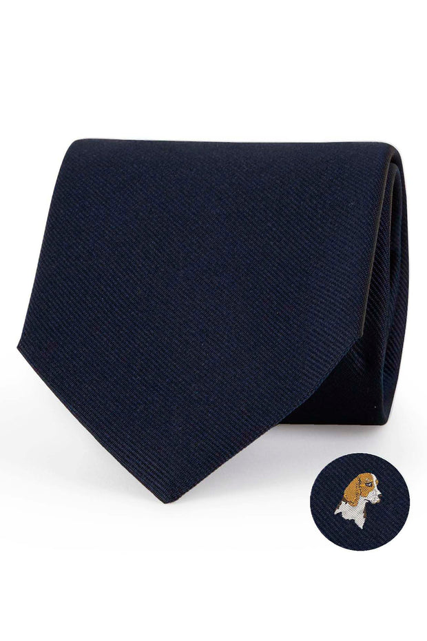 Dark blue silk tie with beagle under the knot