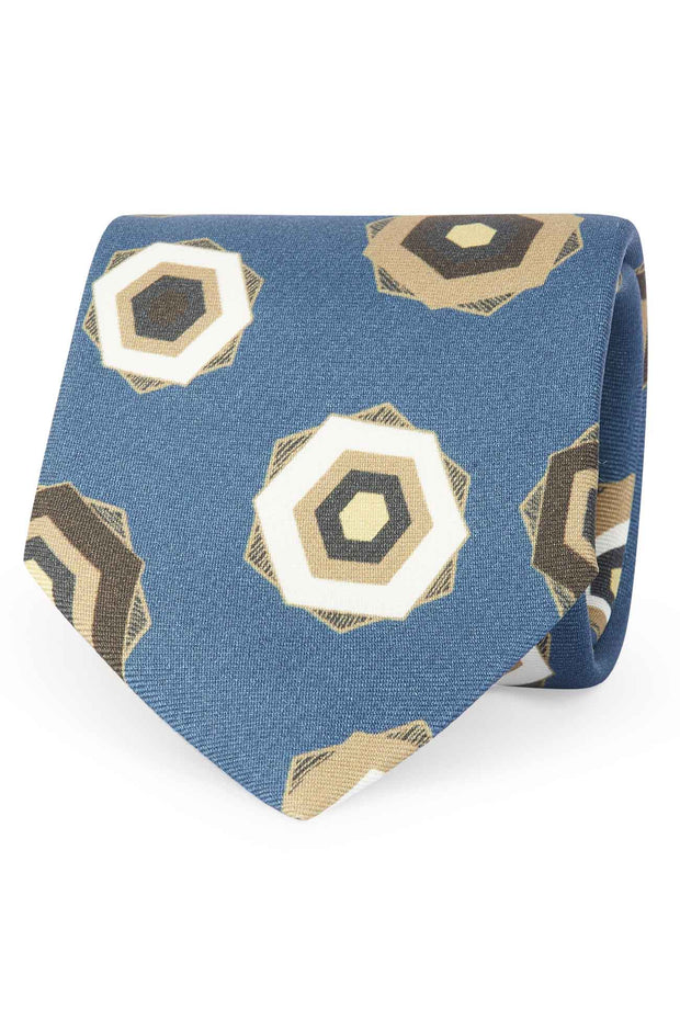 TOKYO - Blue geometrical patterned silk printed hand made tie