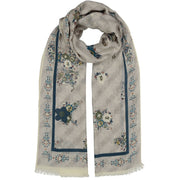 Beige macro floral Prince of Wales cashmere scarf
