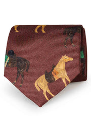 Burgundy horse design printed silk hand made tie