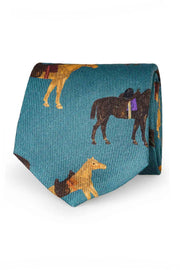 Cravatta azzurra in twill di seta con cavalli stampati - Fumagalli 1891