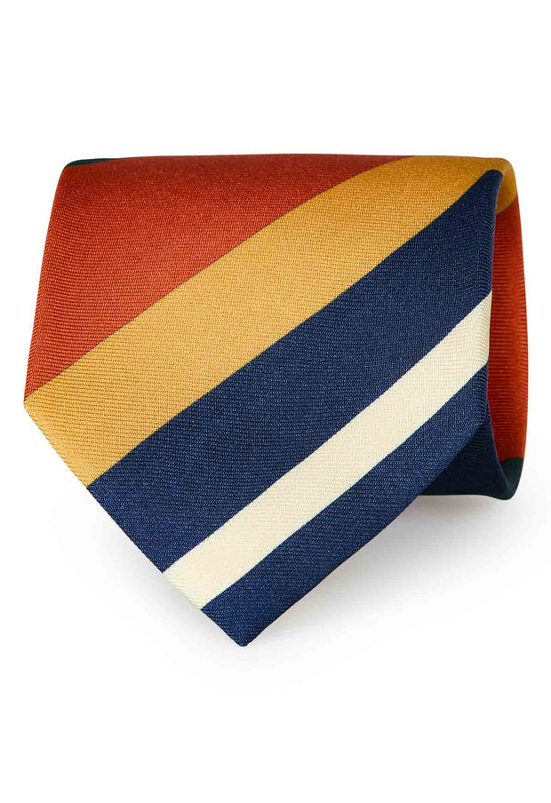 TOKYO - cravatta stampata in seta a righe asimmetriche arancione giallo e blu 