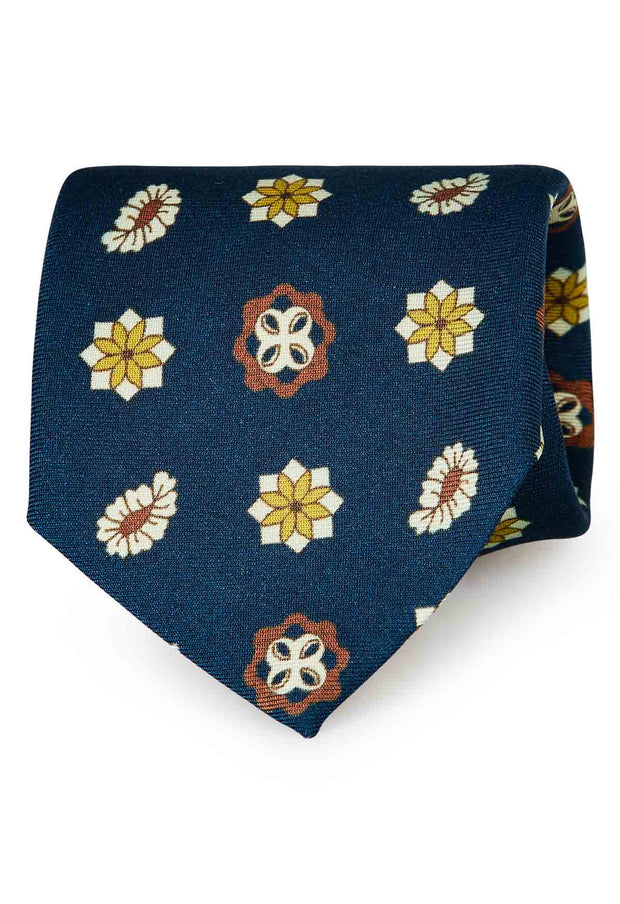 Blue floral and paisley silk printed hand made tie