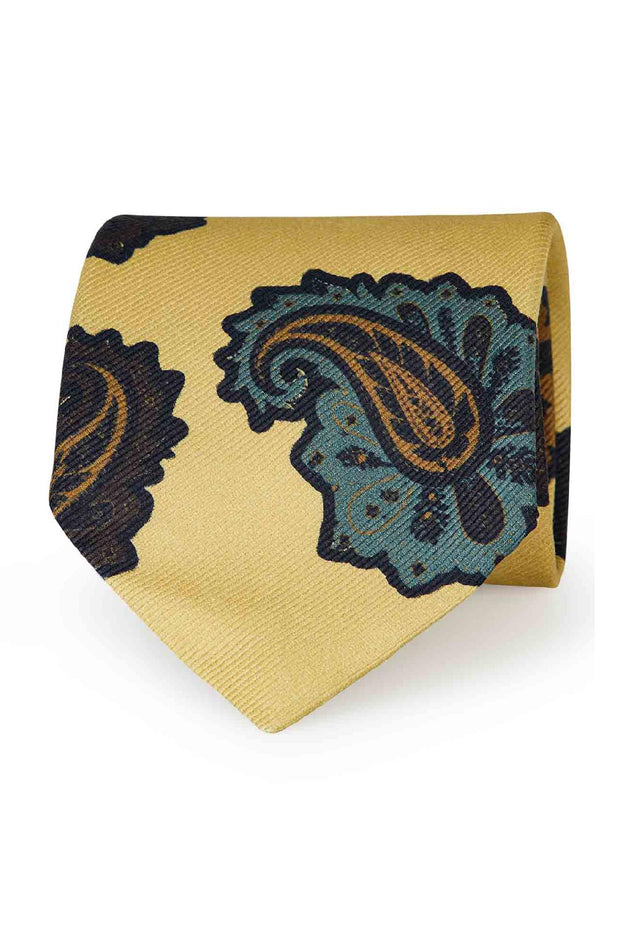 Yellow macro paisley printed silk hand made tie
