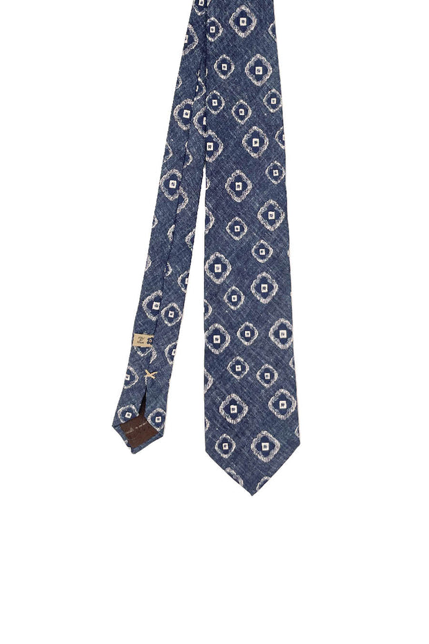 TOKYO - Cravatta stampata blu in seta con medaglioni bianchi 