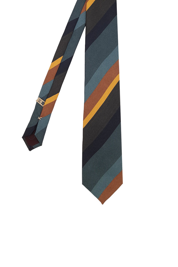 Regimental tie in silk printed with stripes in shades of green and beige