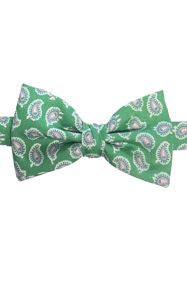 Green pink paisley printed ready tie bow tie