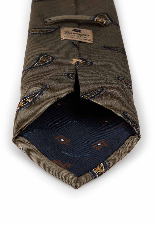 green olive tie with paisley yellow & blue pattern and blue lining with fumagalli logo
