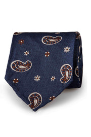 Light blue, white & brown paisley & little diamonds pattern unlined hand made silk tie