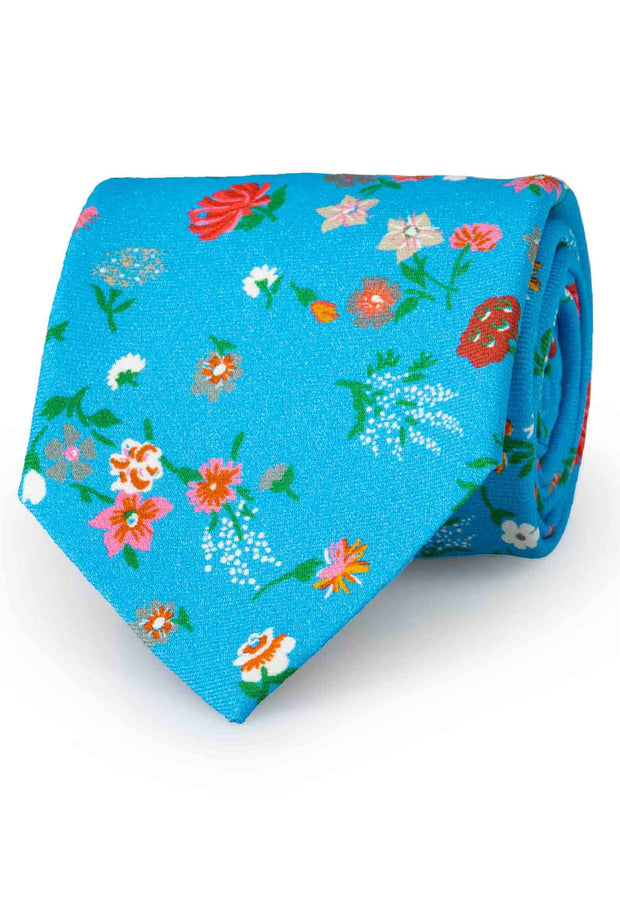 Cravatta di seta stampata con motivo floreale azzurro- Fumagalli 1891