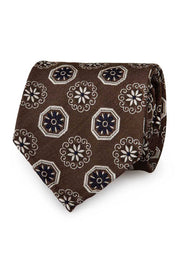 Brown, black & sand brown diamonds & flowers unlined silk hand made unlined tie