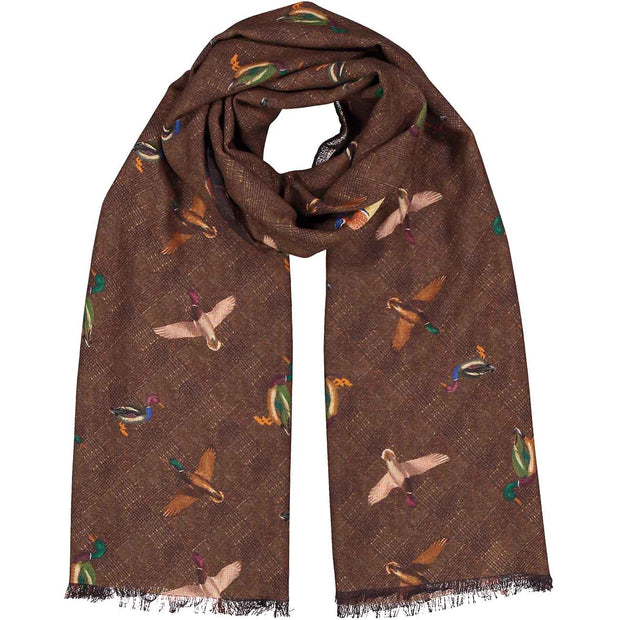 Fringed brown birds pure wool hand made scarf