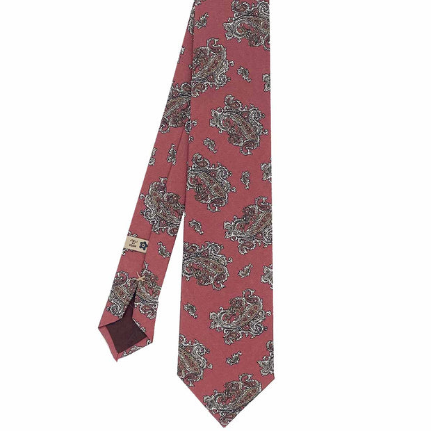 Cravatta stampata rossa in seta con motivo macro paisley marrone e bianco - Fumagalli 1891