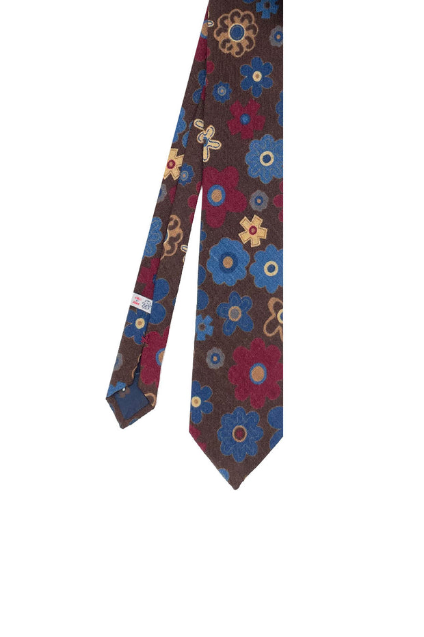 Brown macro floral logo 7 wool hand made printed tie