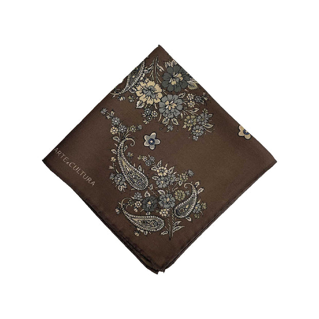 Fazzoletto marrone con motivo floreale in seta cotone