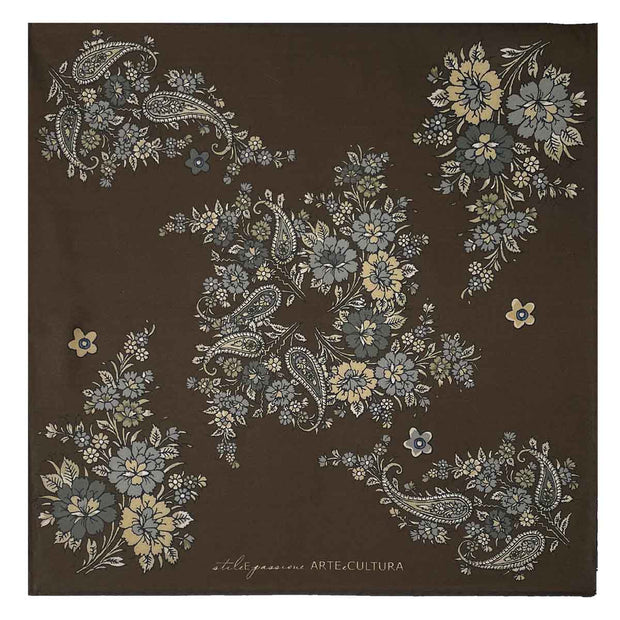 Brown floral & paisley silk & cotton pocket square