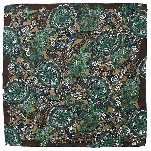Fazzoletto marrone chiaro con fiori e paisley in seta-cotone 
