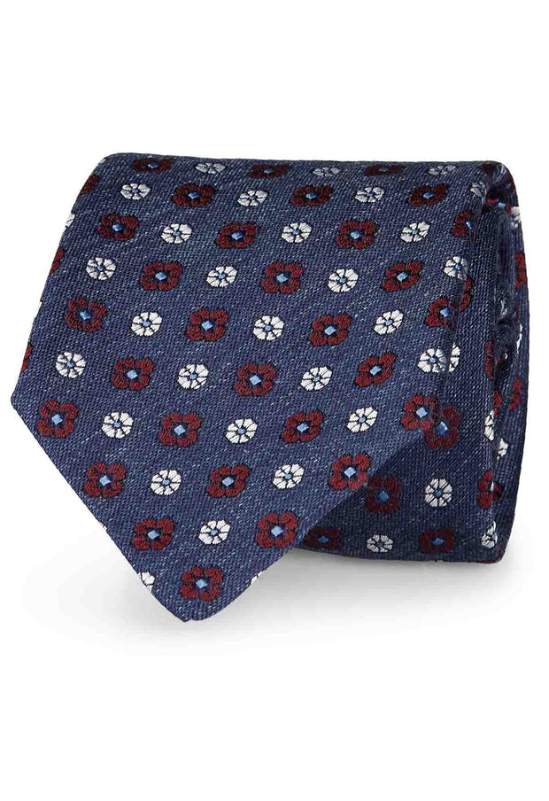 BLUE, WHITE & RED CLASSIC PATTERN VINTAGE SILK & LINEN HAND MADE TIE
