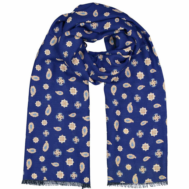 Fringed blue little medallion wool scarf