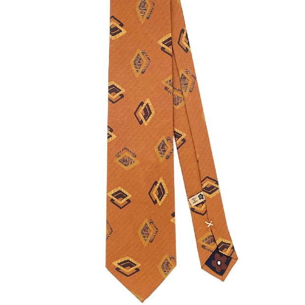 TOKYO - Orange diamond vintage patterned printed silk hand made tie