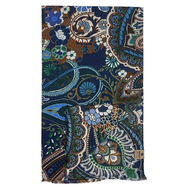 Blue paisley & floral silk & cotton fringed scarf