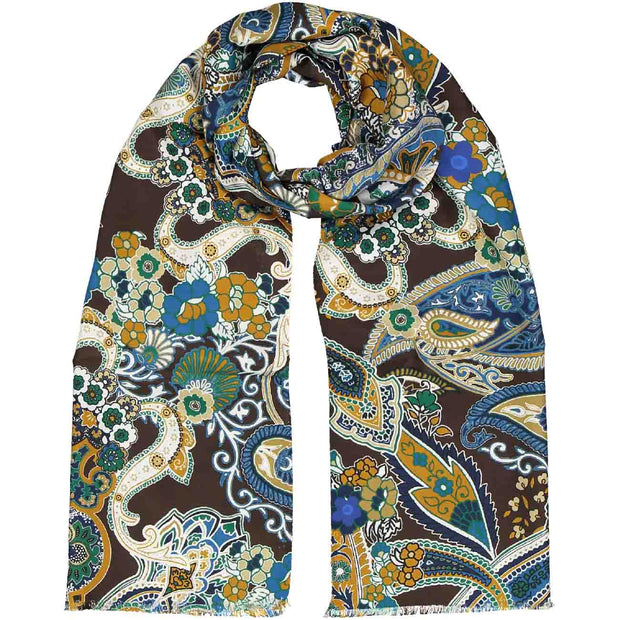 Brown paisley & floral silk & cotton fringed scarf