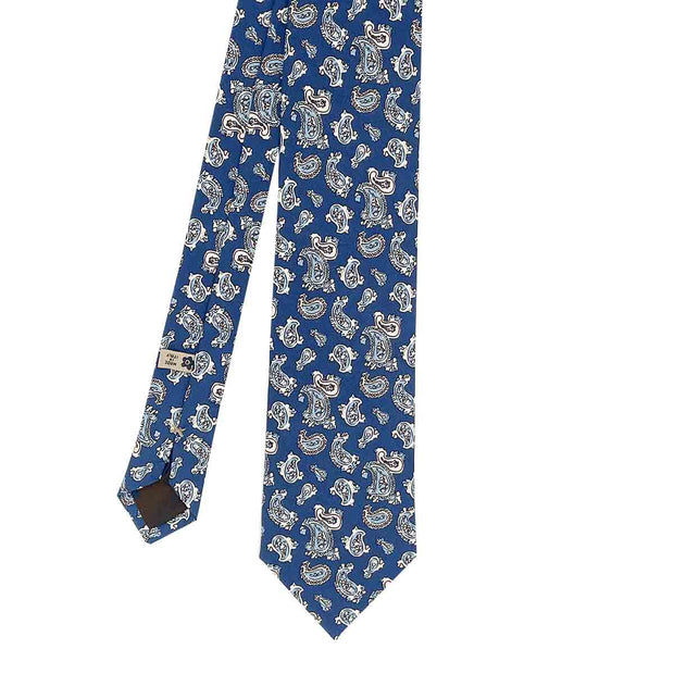 Cravatta in seta stampata con motivo vintage a paisley blu, azzurri e bianchi - Fumagalli 1891