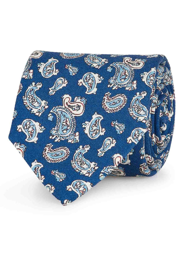 Cravatta in seta stampata con motivo vintage a paisley blu, azzurri e bianchi - Fumagalli 1891