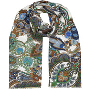 White paisley & floral silk fringed scarf