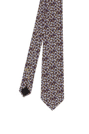 Brown, white & blue little floral printed pure silk hand made tie