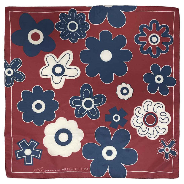 Burgundy, blue and white macro floral printed hand made neckerchief