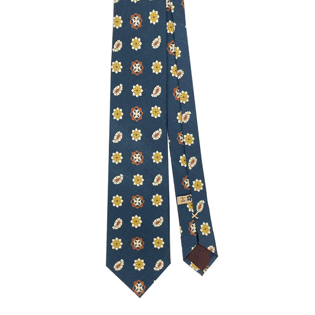 Blue floral and paisley silk printed hand made tie