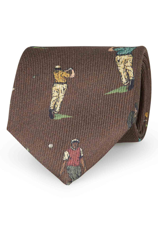 Cravatta d'archivio in seta stampata con motivo golf marrone - Fumagalli 1891