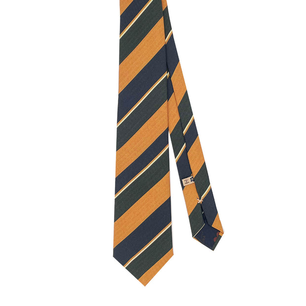 Cravatta stampata in seta a righe gialle, blu e verde scuro-  Fumagalli 1891
