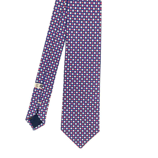 Blue, red & white diamond pattern printed silk hand made tie