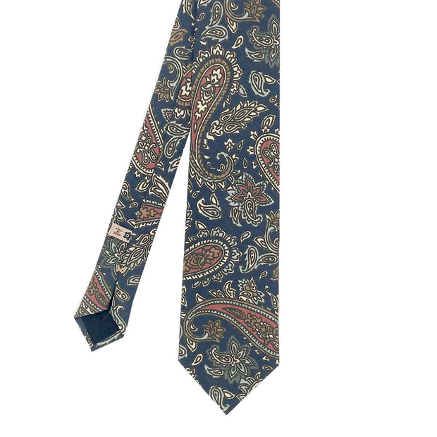Blue macro paisley vintage design  hand made printed silk tie