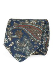 Blue macro paisley vintage design  hand made printed silk tie