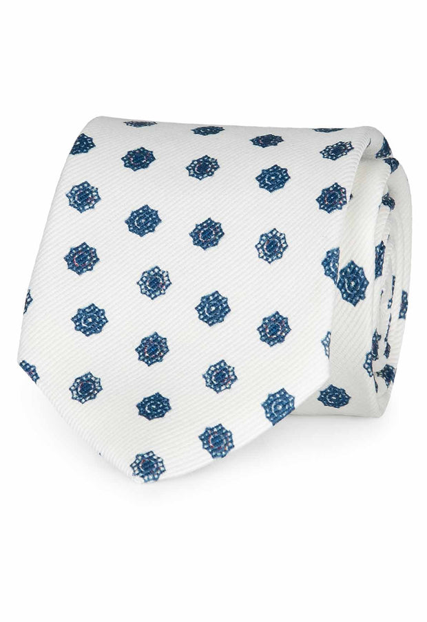Cravatta in seta Vintage con motivo classico stampato bianco e blu - Fumagalli 1891