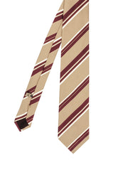 Beige, white &burgundy asymmetrical striped silk hand made tie