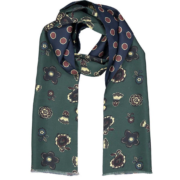 Green & blue floral & dots double face tubular silk scarf