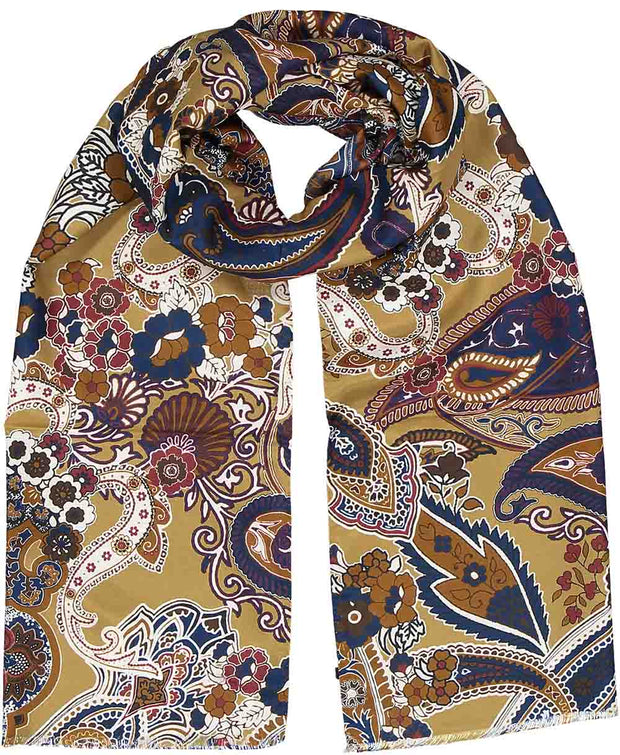 Yellow paisley & floral silk fringed scarf